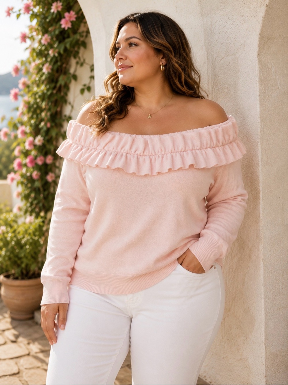 Blush Pink Off Shoulder Ruffle Knit Sweater | Romantic Cottagecore Top